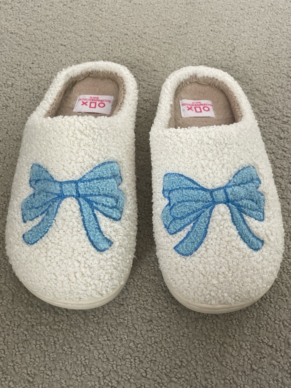 Cozy White Sherpa Slippers with Blue Bow Embroidery